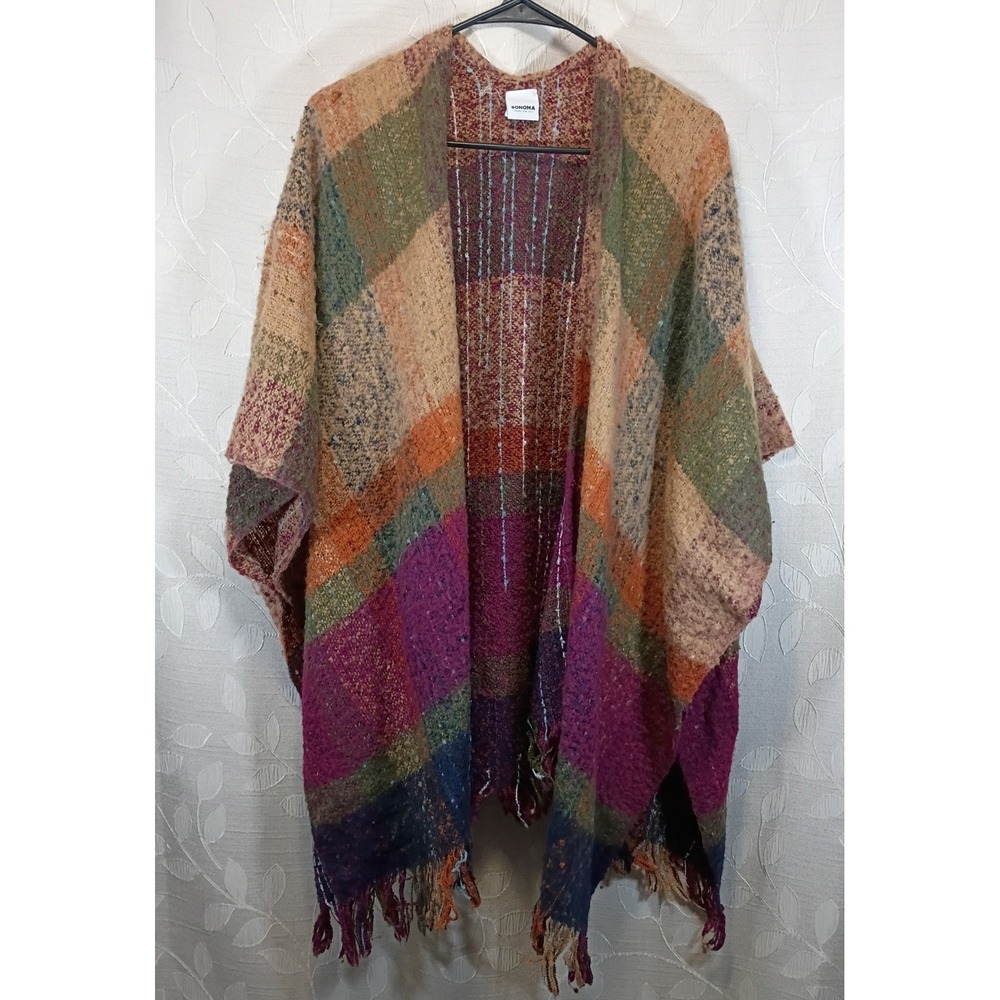 Sonoma Multicolor Plaid Fringe Wrap Poncho One Size Women
